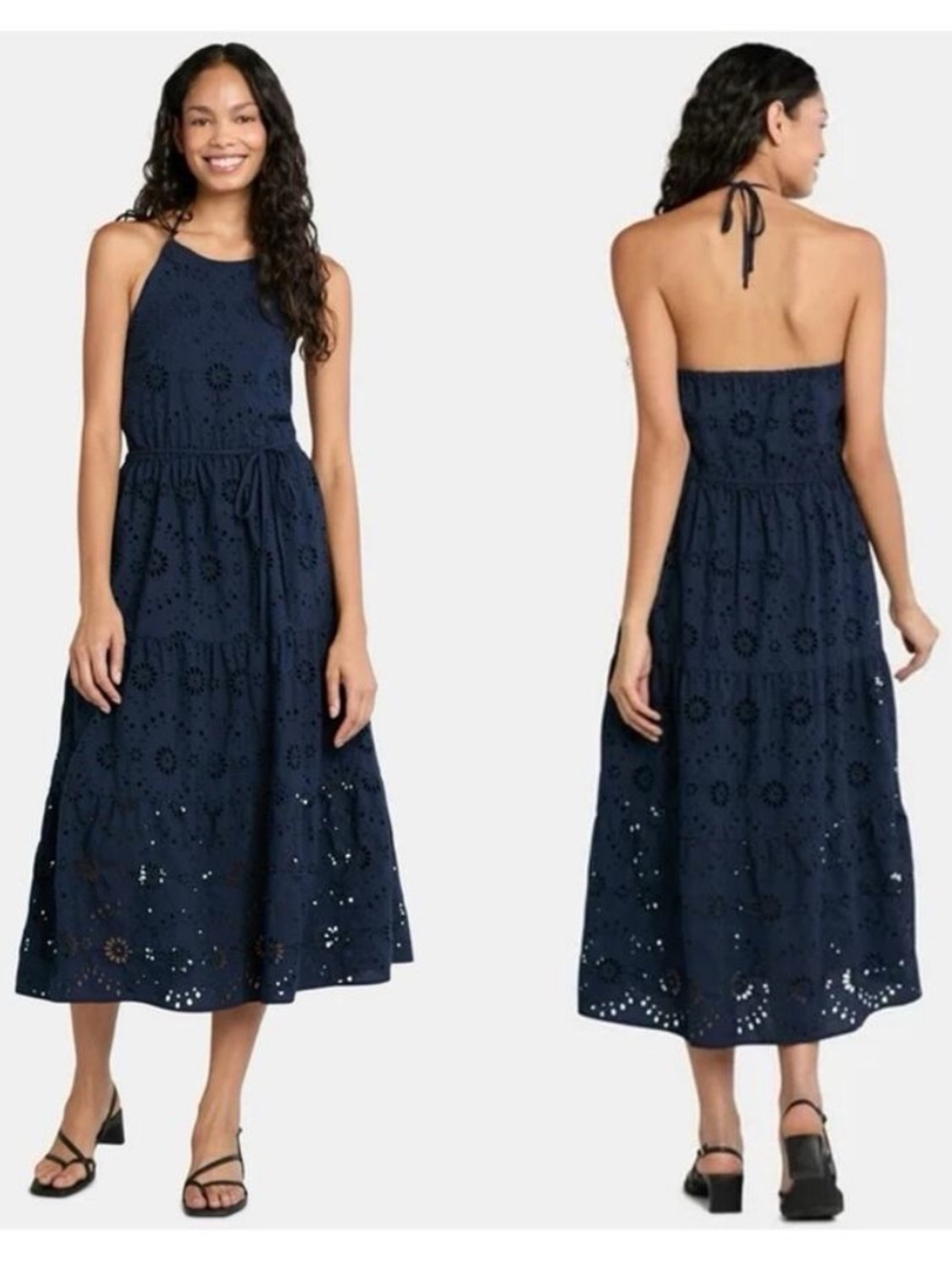 Time and Tru Eyelet Halter Dress in Navy Blue